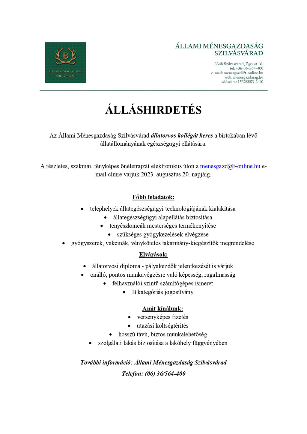 állatorvos - ÁLLÁSHIRDETÉS 