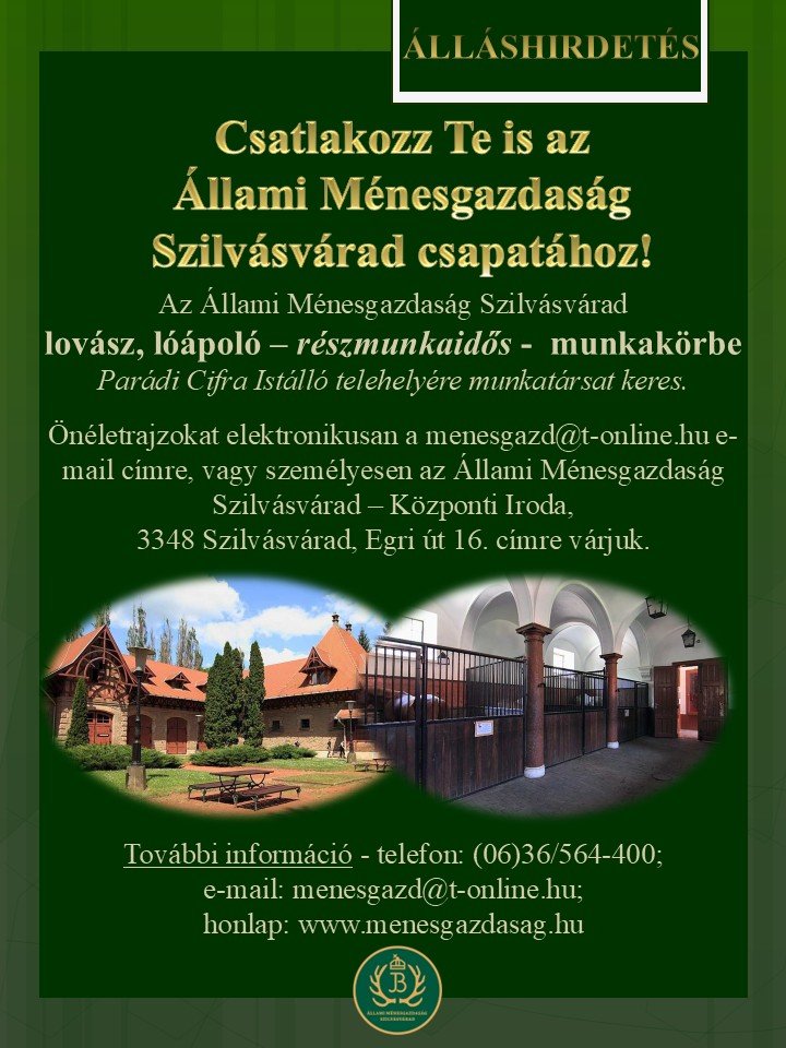 Az Állami Ménesgazdaság Szilvásvárad&nbsp;lovász, lóápoló – részmunkaidős -&nbsp; munkakörbe&nbsp...